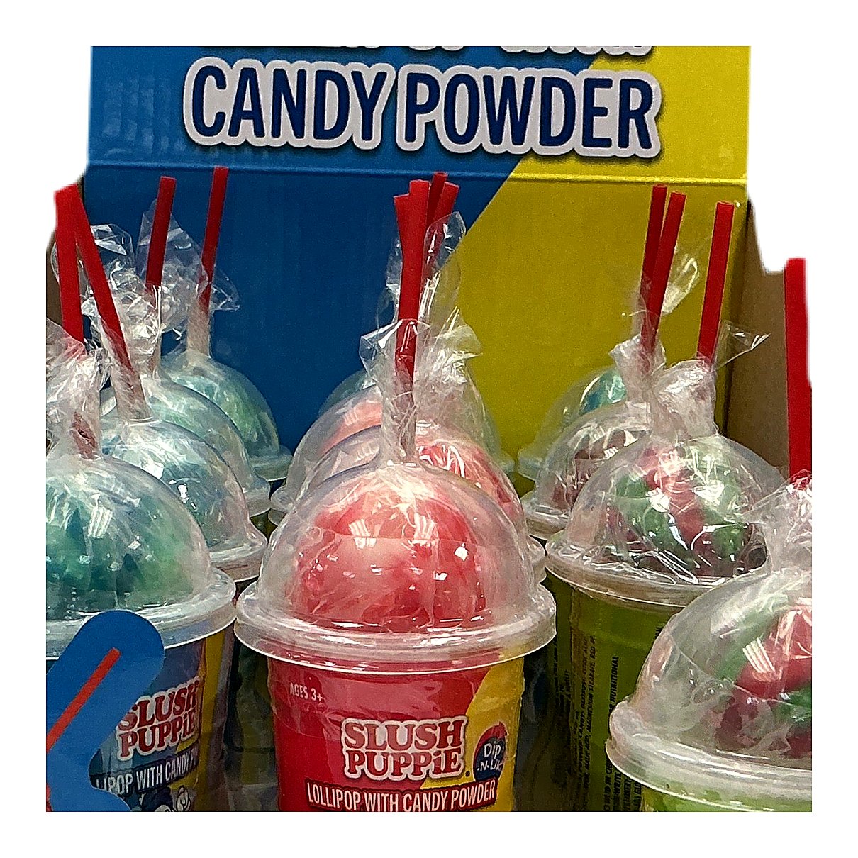 Slush Puppie lollipop with candy powder - processed