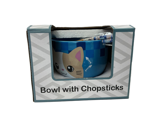 Blue Cat Bowl with Chopsticks
